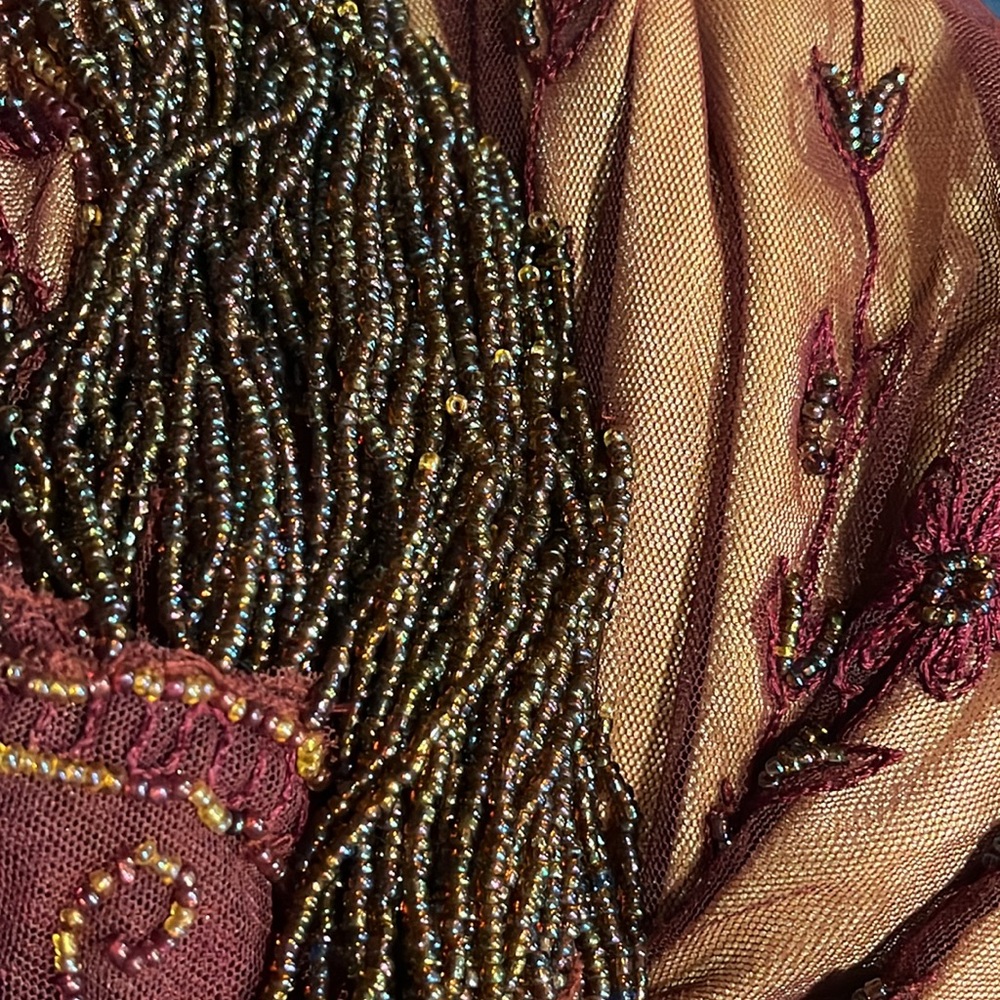 Vintage Y2K Beaded Dress Vintage Embroidered Mesh Burgundy Bow Flapper Dress - Picture 14 of 14